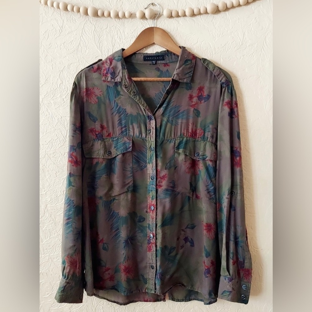 Sanctuary green floral snap front shirt long sleeve tunic top oversized Sz small - Picture 1 of 11